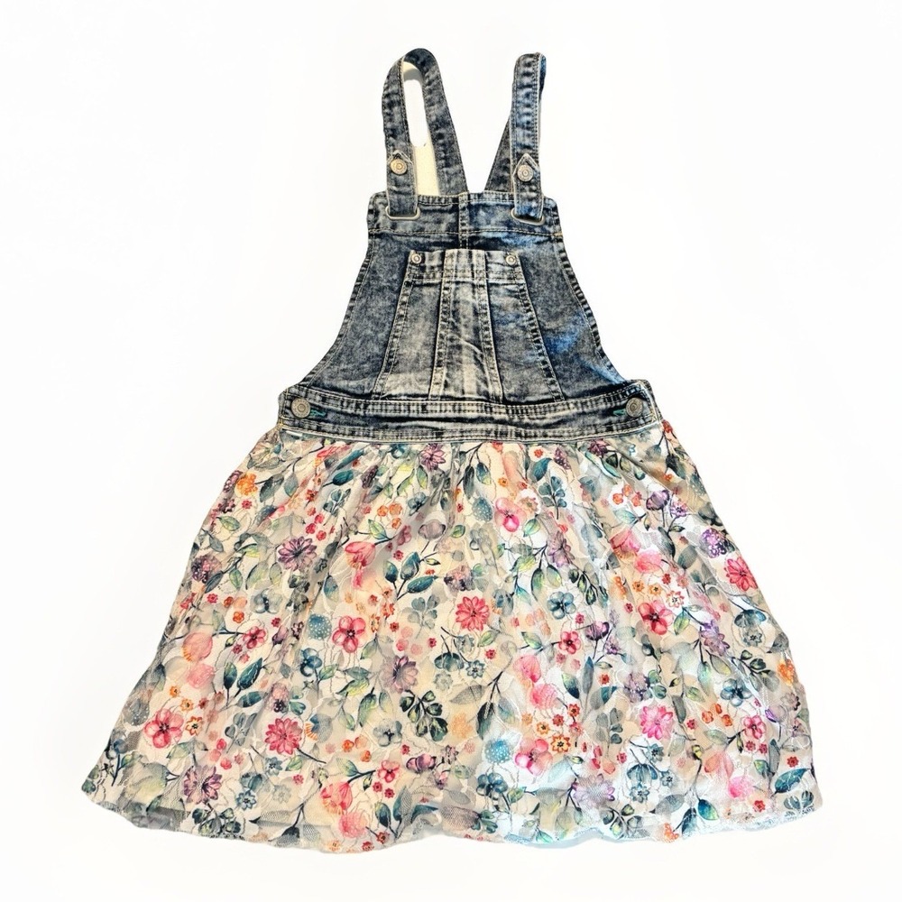 Jordache Dress Denim Floral Overall Dress Skirt Tulle Spring Play Girls 7-8